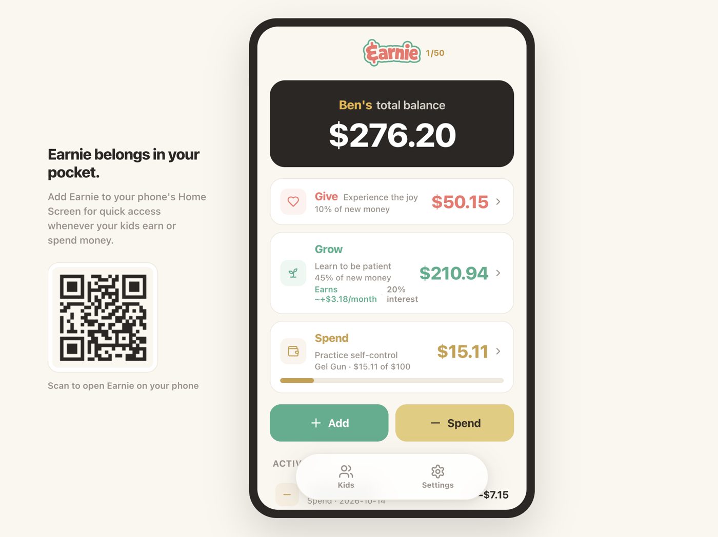 The Earnie app showing a kid's total balance split into Give, Grow and Spend