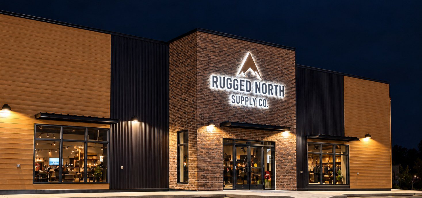 Rugged North Supply Co. storefront at night, with the backlit mountain logo on a brick entrance